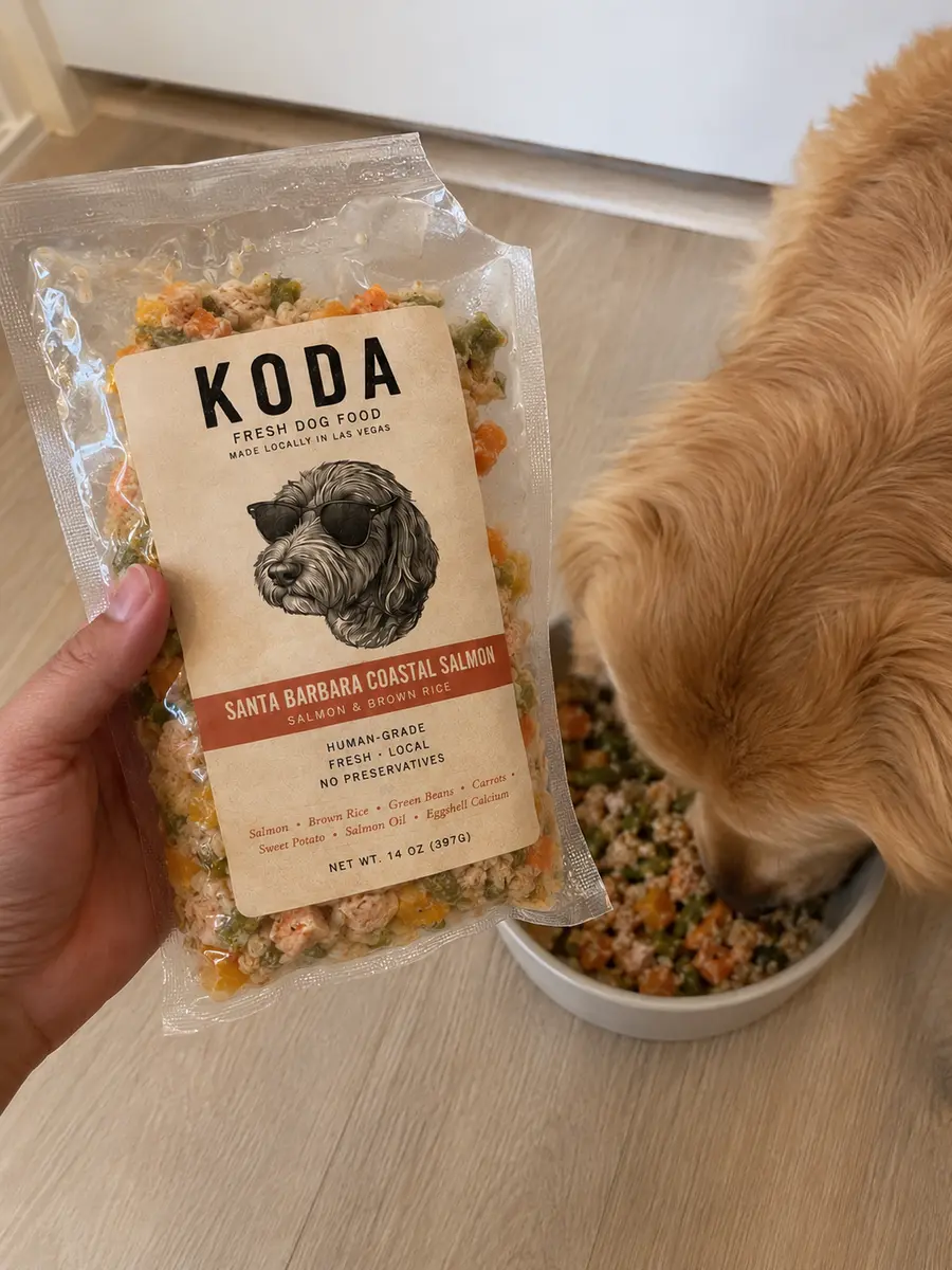 Dog eating KODA fresh food beside a Santa Barbara Coastal Salmon pouch