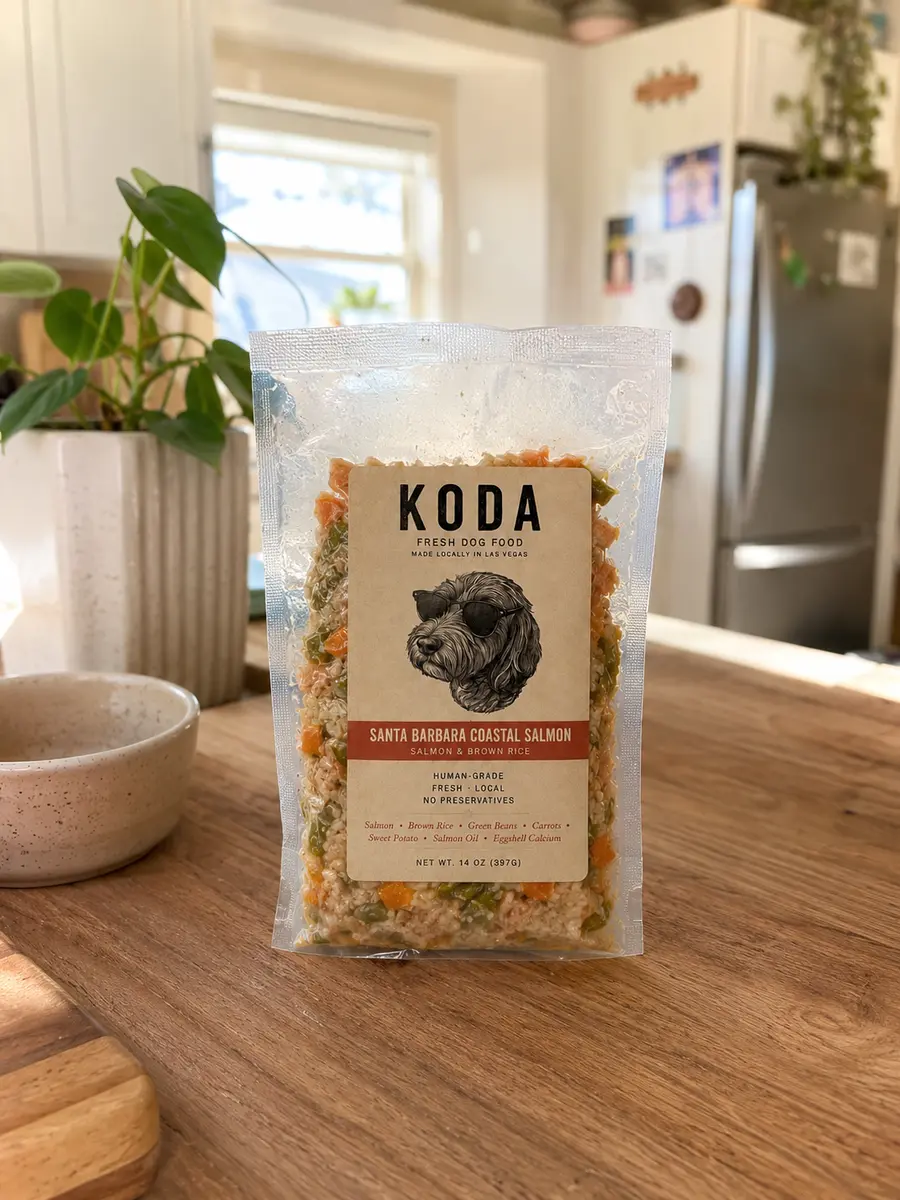 KODA Santa Barbara Coastal Salmon pouch on a kitchen counter