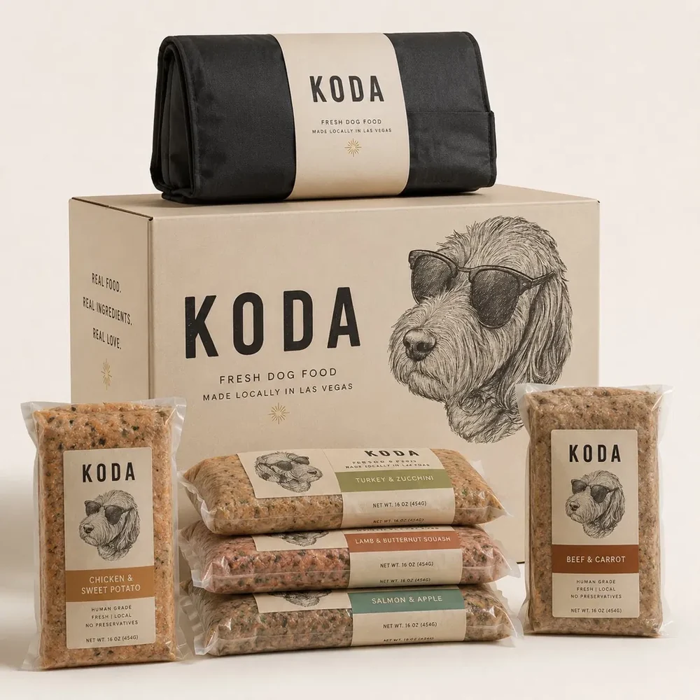 KODA fresh dog food topper box with chicken, turkey, beef, and salmon recipes